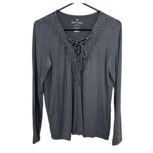 Y2K Lace Up Long Sleeve Top M Gray Lace‎ Trim Coquette Twilight Core Romantic